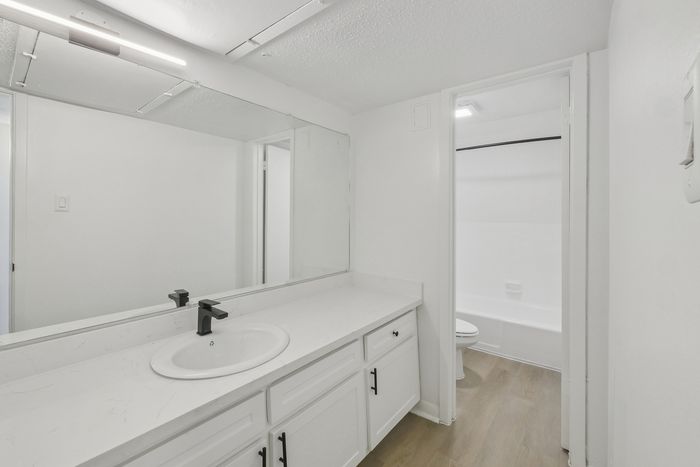 Elegant bathroom featuring a sleek vanity with a polished sink, large mirror, and a modern bathtub with pristine white tiles.