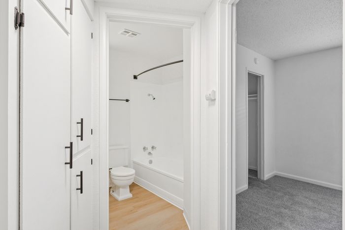 Bright and elegant bathroom with modern fixtures, adjacent to a cozy carpeted space, perfect for comfortable living.