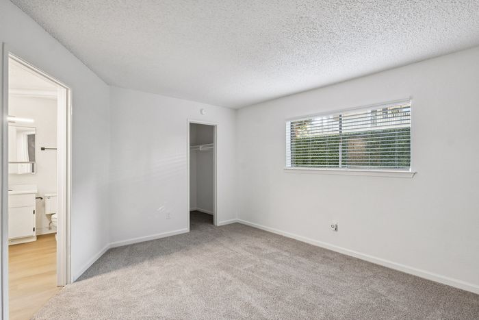 Bright and airy bedroom with plush carpeting, large window, and walk-in closet, adjacent to a modern en-suite bathroom.