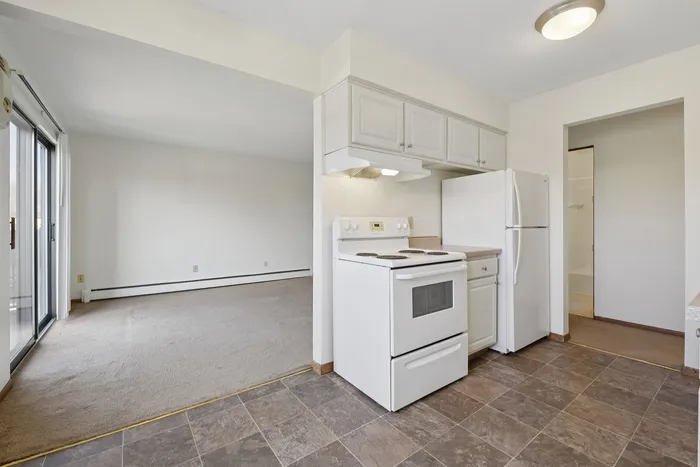 Bright and spacious apartment with modern kitchen featuring white cabinetry, open-concept living area, and natural light from large sliding glass doors.