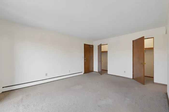 Spacious apartment room featuring neutral walls, warm-toned wood doors, and ample closet space with open doors.
