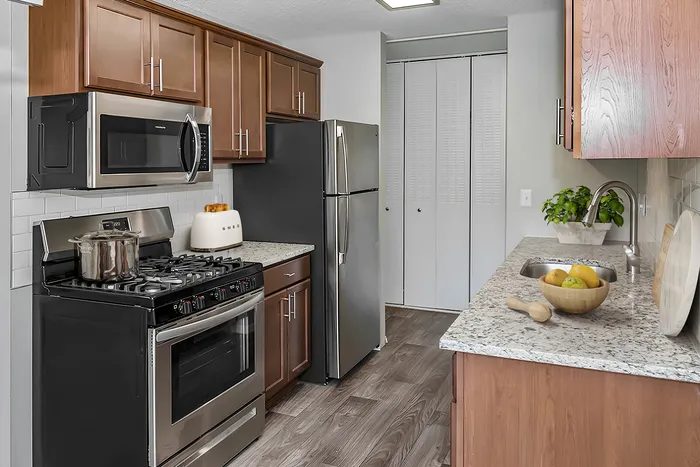 Modern kitchen featuring sleek stainless steel appliances, rich wooden cabinetry, and elegant granite countertops, perfect for culinary creativity.