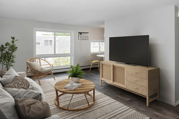 Bright and cozy living room boasting a sleek TV, contemporary wooden furniture, and vibrant greenery.