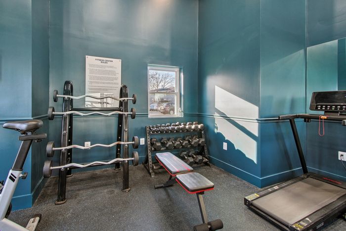 Modern fitness room featuring state-of-the-art gym equipment, including a treadmill, weights, and benches, in a sleek, inviting design.
