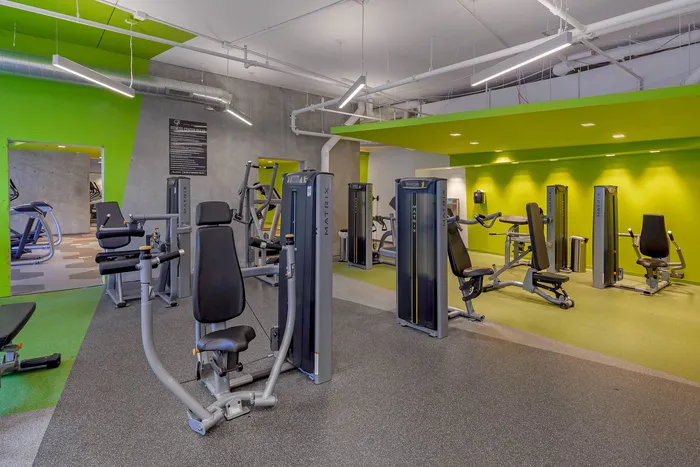 Modern gym with sleek fitness equipment and vibrant green accent walls, offering a bright and motivating workout space.