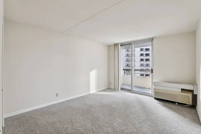Bright and inviting living space with plush carpeting, large sliding glass doors, and balcony view.