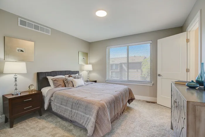 Bright and cozy bedroom featuring elegant decor, plush carpeting, and ample natural light from a large window.