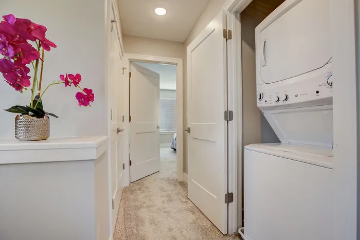 Inviting hallway with plush carpeting, featuring a modern in-unit washer and dryer, accentuated by a vibrant pink flower arrangement.