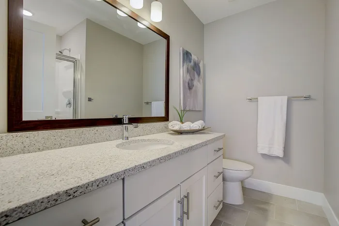 Elegant bathroom with a sleek granite countertop, modern fixtures, and soft ambient lighting. Features a large mirror, contemporary artwork, and a pristine white towel accentuating a luxurious feel.