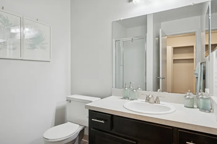 Elegant bathroom featuring modern fixtures, a pristine countertop, and a spacious mirror reflecting natural light.