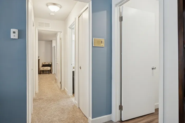 Inviting hallway with cozy carpet, crisp white doors, and elegant lighting leading to a stylish seating area.