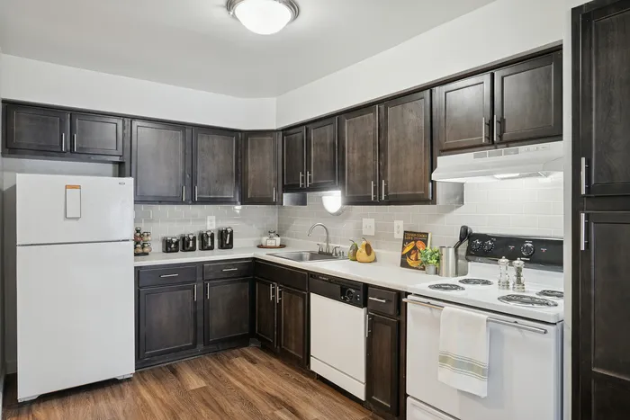 Contemporary kitchen with elegant dark cabinets, modern appliances, and chic wood flooring, ideal for culinary enthusiasts.