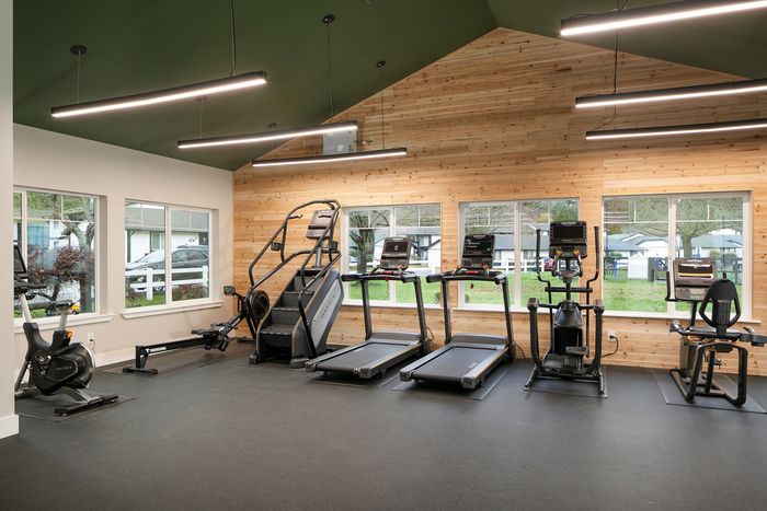 Modern gym interior with sleek exercise equipment, including treadmills and stair climber, set against stylish wood paneling and bright natural light.