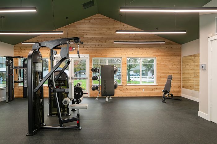 Sleek gym with state-of-the-art equipment, featuring wooden accents and ample natural light for an invigorating workout environment.