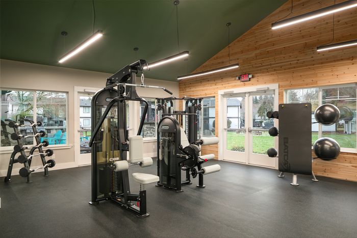 Modern apartment gym with state-of-the-art exercise equipment, elegant wooden accents, and large windows offering a scenic outdoor view.
