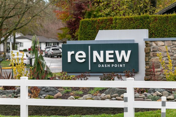 Inviting entrance to reNEW Dash Point, surrounded by lush greenery and a charming stone accent wall.