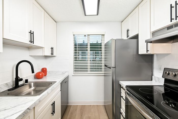 Modern kitchen with sleek stainless steel appliances and elegant white cabinetry, featuring a bright window view.