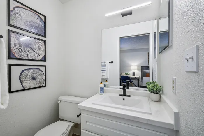 Contemporary bathroom with elegant decor, framed tree ring art, sleek white vanity, and modern fixtures, offering a stylish and serene space.