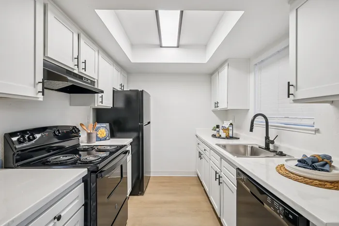 Chic modern kitchen with sleek black appliances, elegant white cabinetry, and ample natural light.