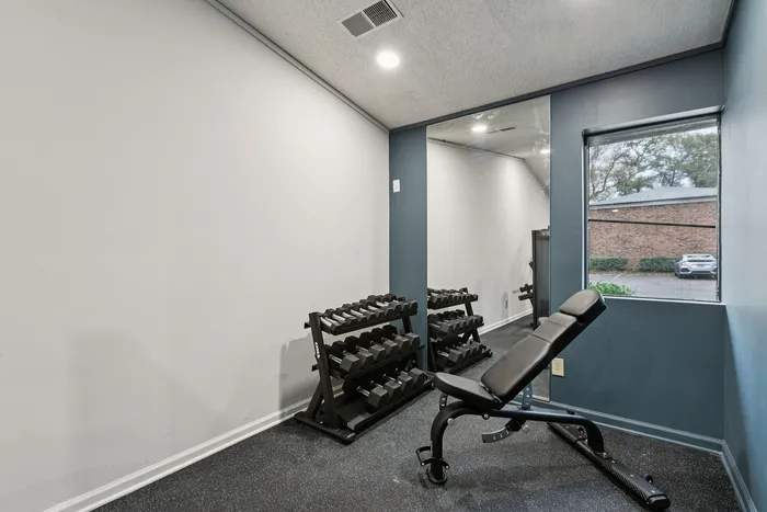 Modern apartment gym with a sleek dumbbell rack, adjustable bench, wall mirror, and natural light from a wide window.
