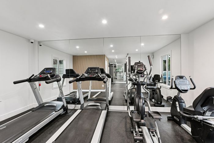 Sleek, modern home gym featuring state-of-the-art treadmills, elliptical, and exercise bike with mirrored walls enhancing the spacious interior.