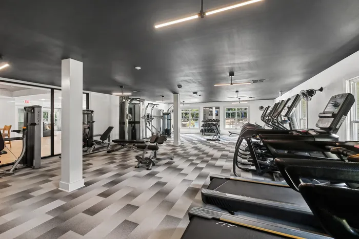 Spacious modern gym with state-of-the-art treadmills, weight machines, and a sleek monochrome design.