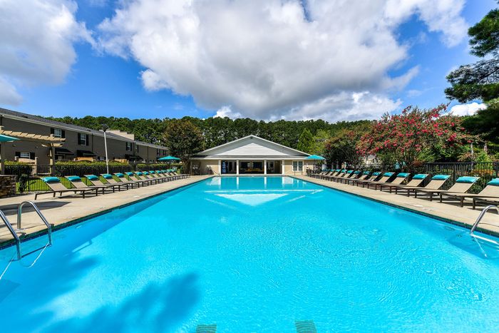 Vibrant outdoor pool area with inviting lounge chairs, surrounded by lush greenery and blossoming trees, perfect for relaxation and leisure.
