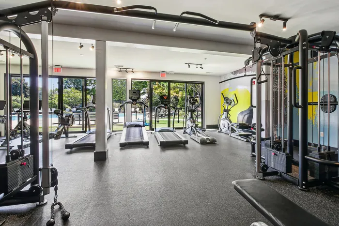 Modern and spacious gym with state-of-the-art equipment, bright natural lighting, and expansive outdoor views.