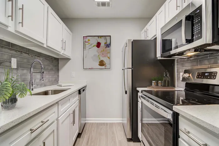 Contemporary kitchen with sleek stainless steel appliances, elegant quartz countertops, and chic white cabinetry.