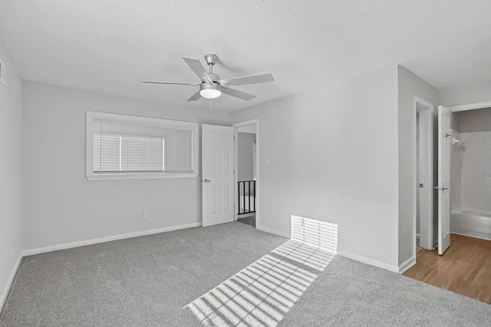 Bright and spacious bedroom featuring plush carpeting, modern ceiling fan, and ample natural light streaming through a window with blinds.