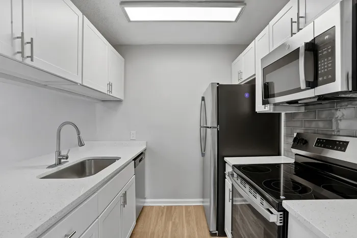 Modern kitchen with sleek stainless steel appliances, quartz countertops, and white cabinetry, creating a bright and elegant cooking space.