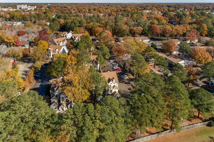 Charming aerial view of an expansive residential community surrounded by lush trees in vibrant autumn colors, showcasing a serene neighborhood atmosphere with modern homes and ample parking.