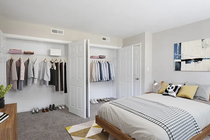 Bright and airy bedroom with a neatly organized open closet, modern decor, and plush bedding.