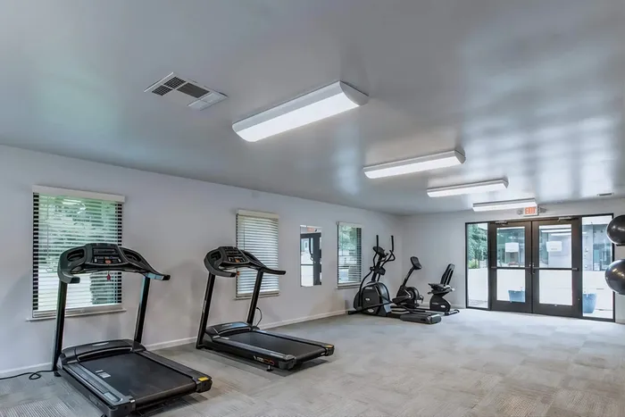 Modern apartment gym featuring state-of-the-art treadmills, ellipticals, and open space in a well-lit environment.