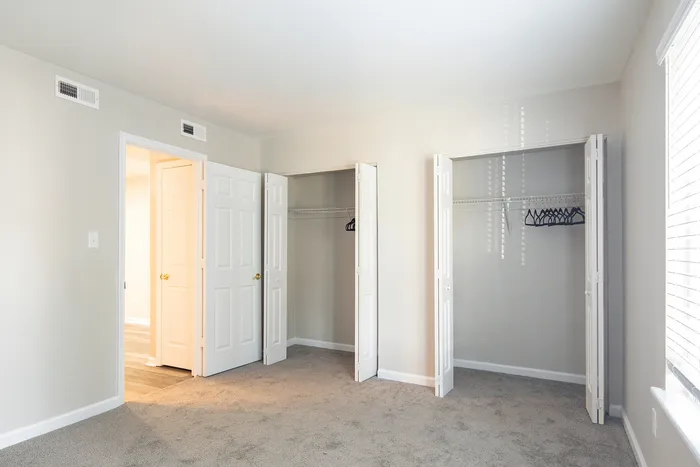 Bright and airy bedroom featuring two spacious closets with elegant white doors and soft carpet flooring.
