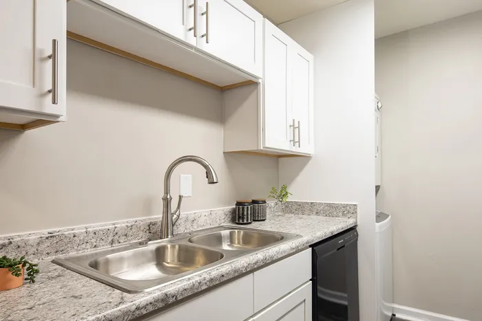 Modern kitchen with sleek granite countertops, stainless steel double sink, and stylish white cabinetry.