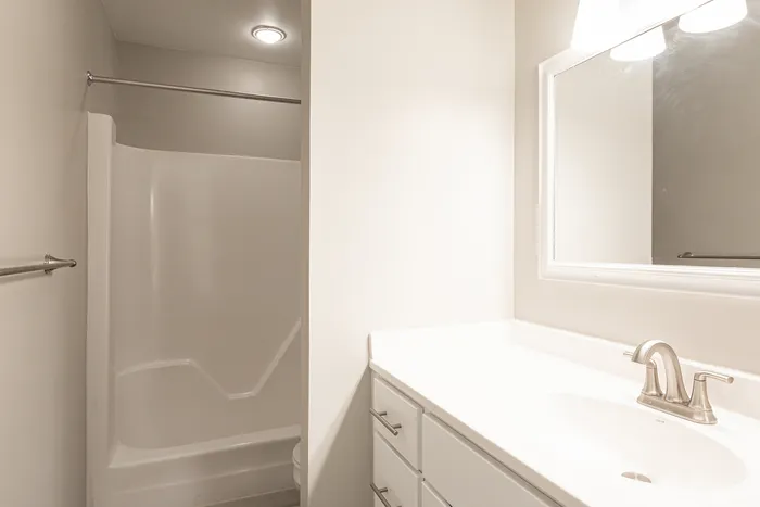 Contemporary bathroom featuring a sleek vanity, spacious mirror, and a modern shower area.