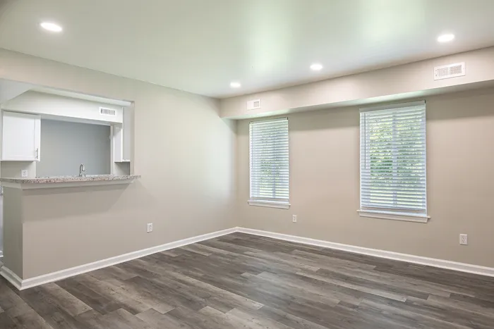 Bright apartment interior featuring modern open kitchen with granite countertop, sleek wood flooring, and large windows for natural light.