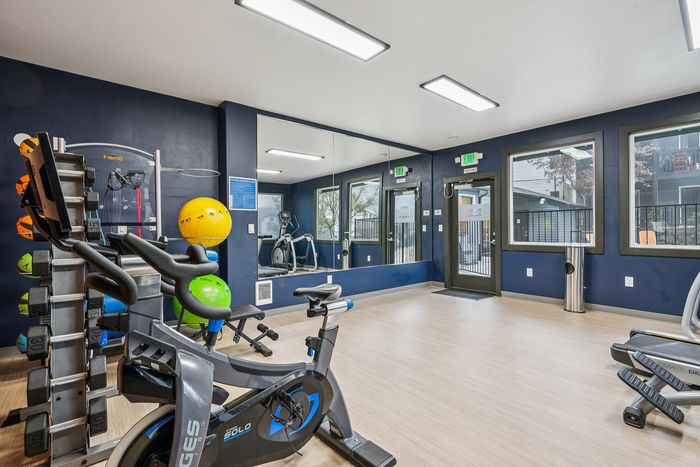 Inviting fitness center boasting modern exercise equipment, bright blue accents, and ample natural light.