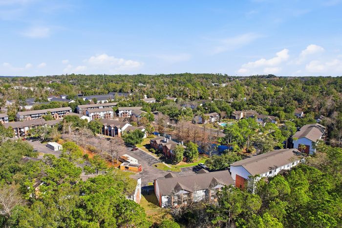 Townhomes at TSC Expansive aerial view of a vibrant apartment community nestled in lush greenery, showcasing modern buildings and serene surroundings.