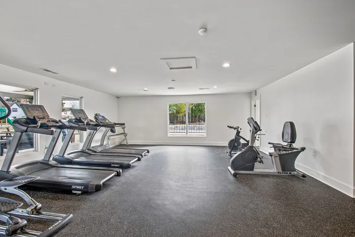 Modern fitness center with treadmills and exercise bikes, offering a bright and inviting atmosphere for workouts.