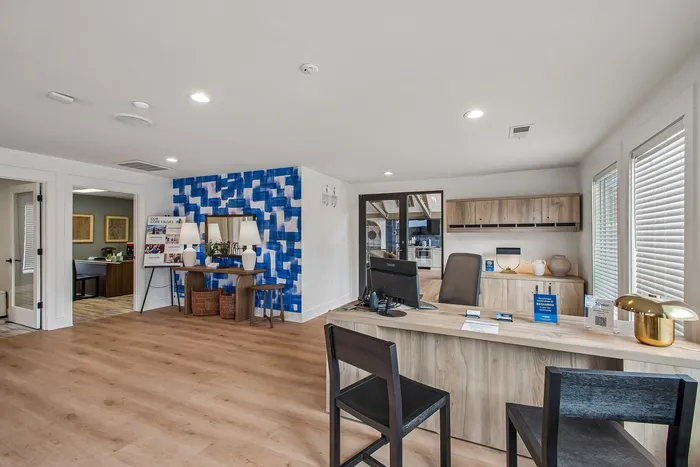 Modern, inviting office space with elegant wooden furnishings, vibrant blue accent wall, and ample natural light.