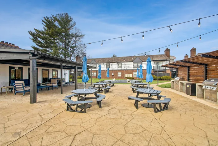 Charming outdoor patio with picnic tables and blue umbrellas, perfect for relaxation and social gatherings, surrounded by lush greenery and barbecue grills.