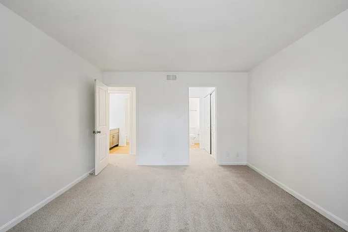 Bright and spacious bedroom with plush carpet, two doorways leading to a modern bathroom and hallway.