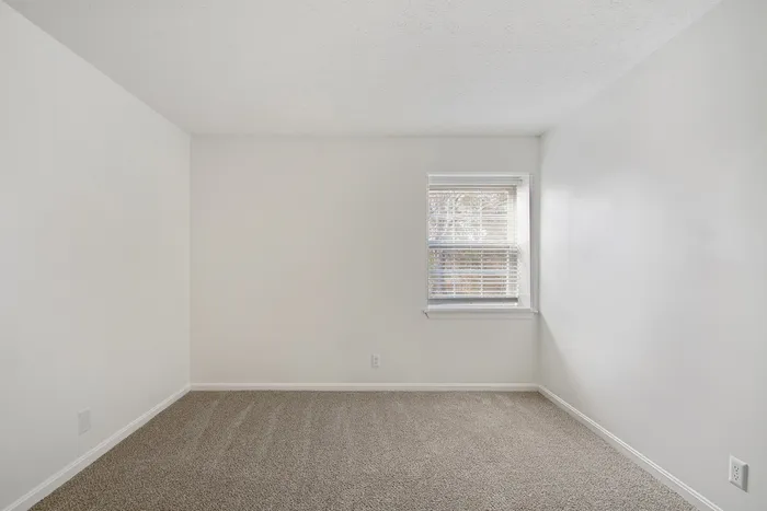 Bright and airy bedroom featuring fresh white walls, plush carpeting, and a sunlit window bringing in natural light.