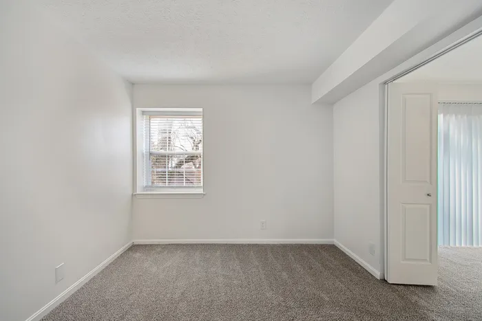 Bright and inviting room with fresh carpeting and a window allowing natural light to fill the space.