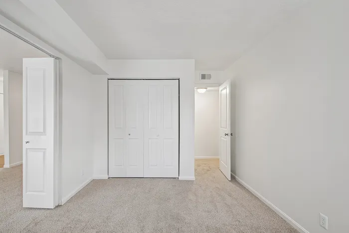 Bright room with plush carpet, double closet doors, and neutral walls, offering a cozy and versatile space.