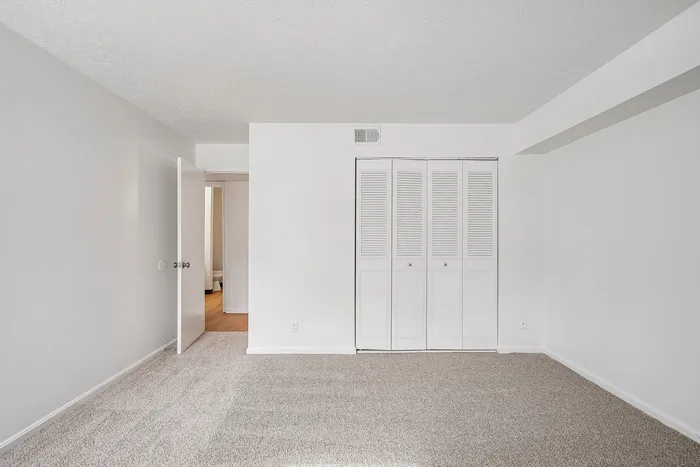 Bright, spacious empty room with plush beige carpeting, white walls, and a double-door closet, ideal for personalization.