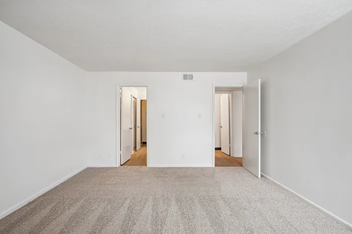 Spacious, freshly carpeted room with neutral walls, two open doors leading to additional areas, perfect for customization and comfort.
