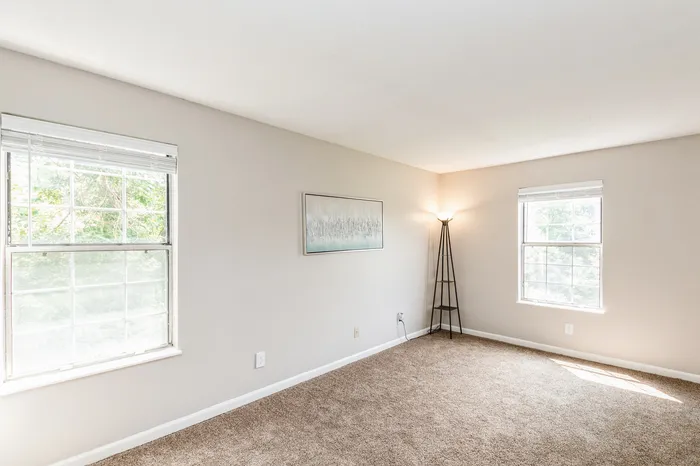 Bright and airy room with large windows, plush carpeting, and elegant floor lamp, perfect for a cozy living space or home office.